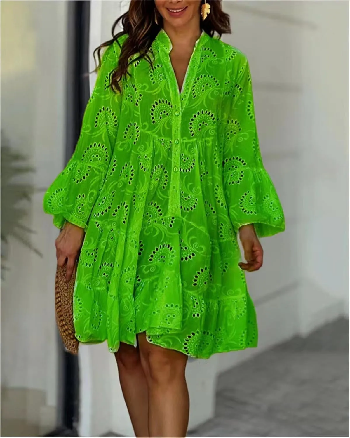 Women's Lace Short Dress Casual V Neck Long Sleeve Eyelet Buttons Beach Plus Size Mini Dress Sundress