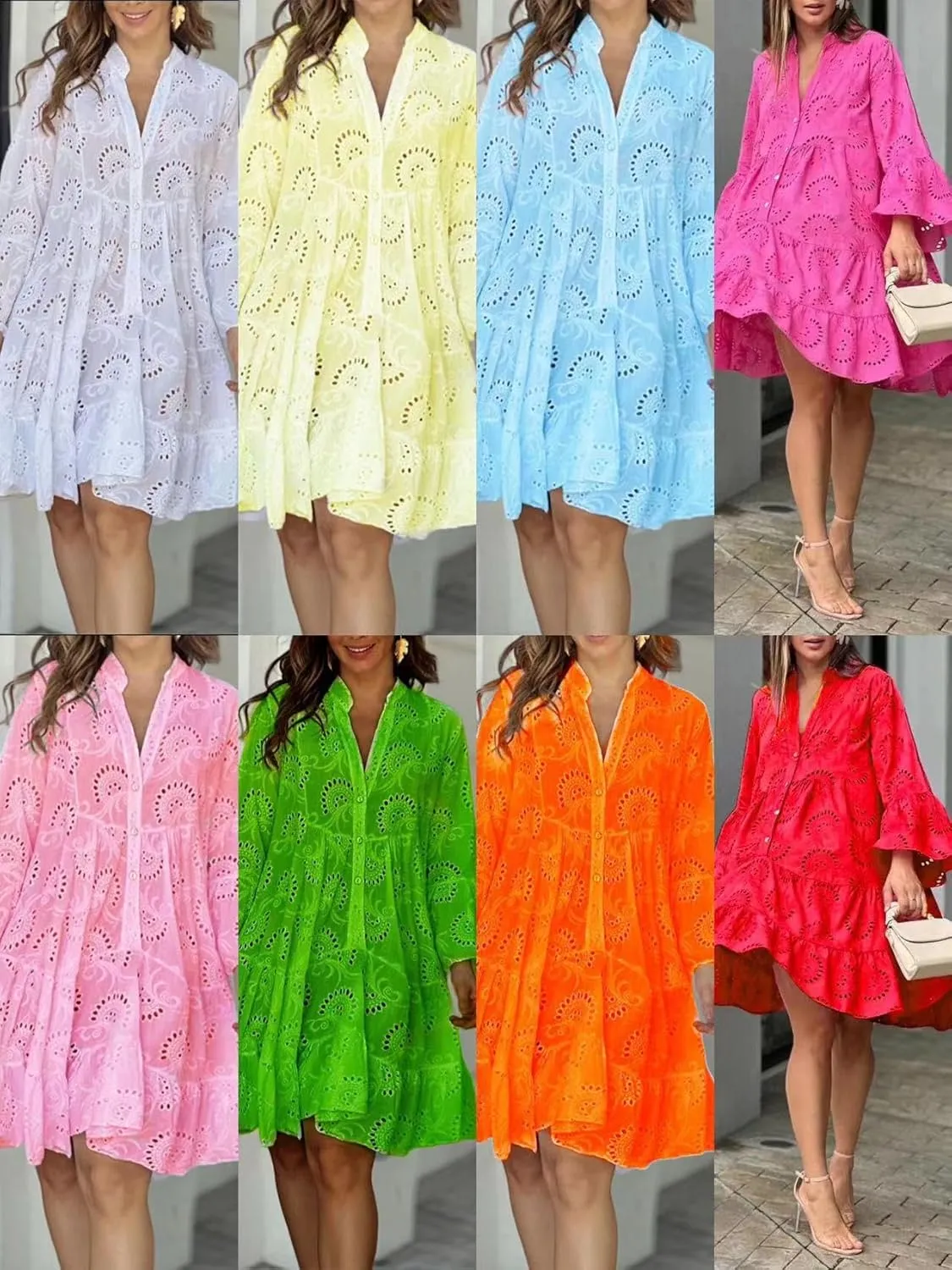Women's Lace Short Dress Casual V Neck Long Sleeve Eyelet Buttons Beach Plus Size Mini Dress Sundress