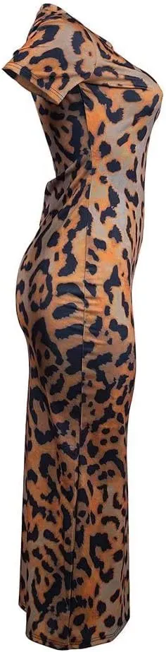 Womens Leopard Print Long Dresses - Short Sleeve Bodycon Club Midi Dress with Pockets