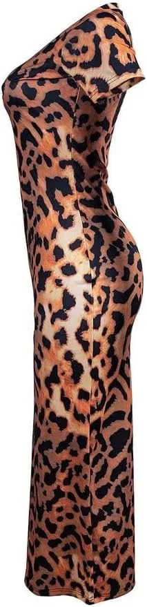 Womens Leopard Print Long Dresses - Short Sleeve Bodycon Club Midi Dress with Pockets