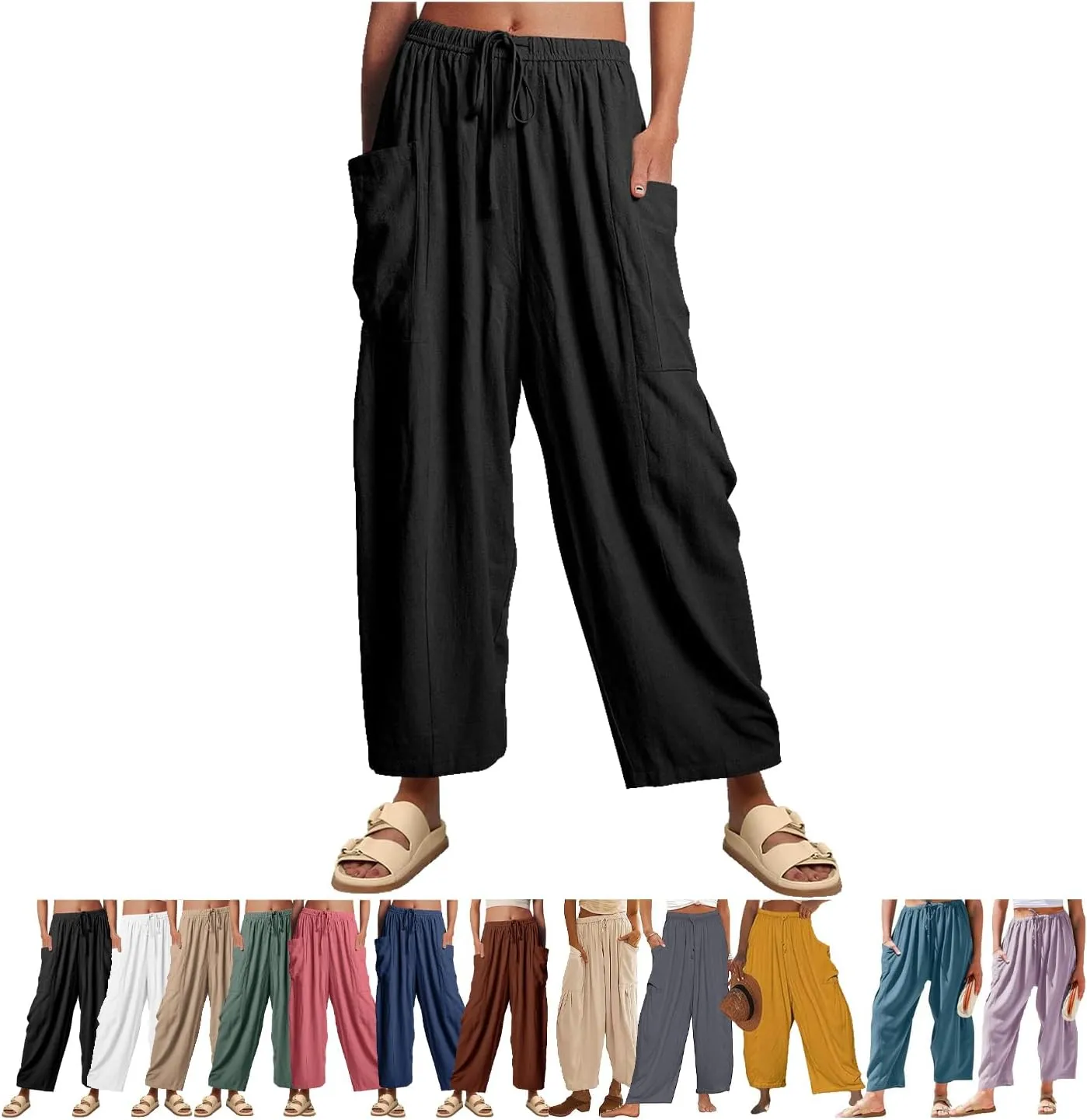 Women's Linen Wide Leg Pants with Pockets,Casual Loose Drawstring Summer Beach Travel Vacation Palazzo Harem