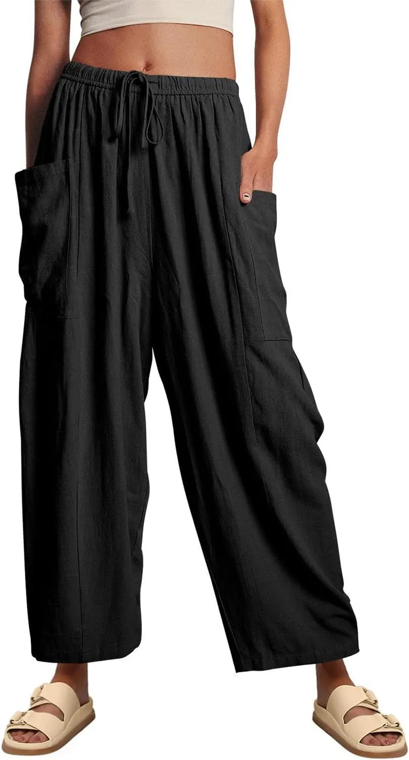 Women's Linen Wide Leg Pants with Pockets,Casual Loose Drawstring Summer Beach Travel Vacation Palazzo Harem