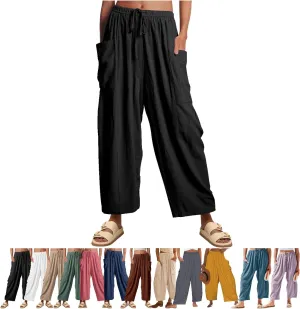 Women's Linen Wide Leg Pants with Pockets,Casual Loose Drawstring Summer Beach Travel Vacation Palazzo Harem