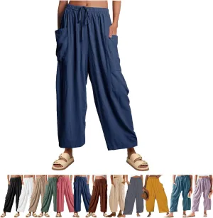 Women's Linen Wide Leg Pants with Pockets,Casual Loose Drawstring Summer Beach Travel Vacation Palazzo Harem