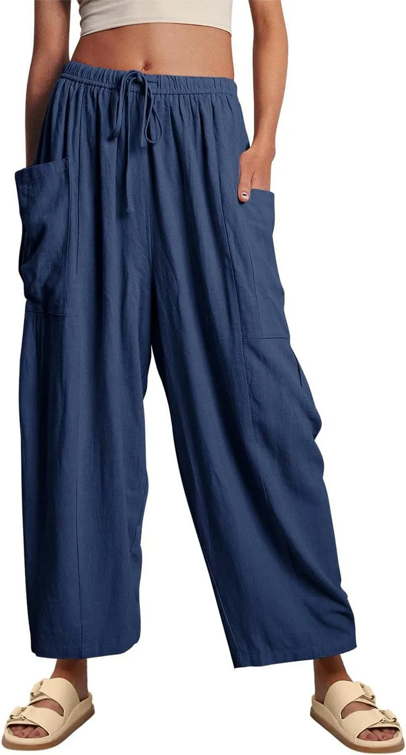 Women's Linen Wide Leg Pants with Pockets,Casual Loose Drawstring Summer Beach Travel Vacation Palazzo Harem