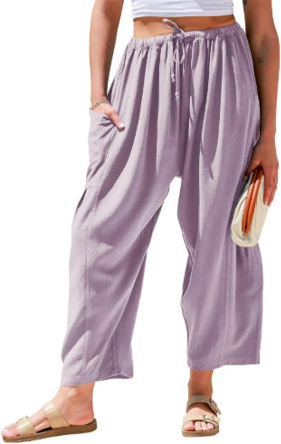 Women's Linen Wide Leg Pants with Pockets,Casual Loose Drawstring Summer Beach Travel Vacation Palazzo Harem
