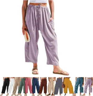 Women's Linen Wide Leg Pants with Pockets,Casual Loose Drawstring Summer Beach Travel Vacation Palazzo Harem