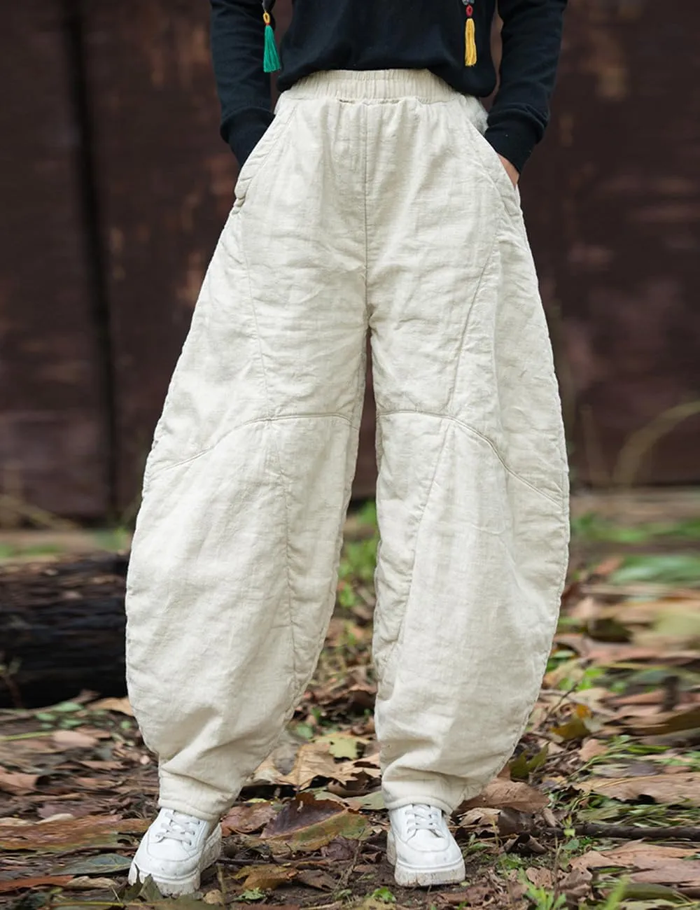 Women's Loose Fitting Casual Lantern Harem Pants Elastic Waist Quilted Winter Warm Trousers with Pockets