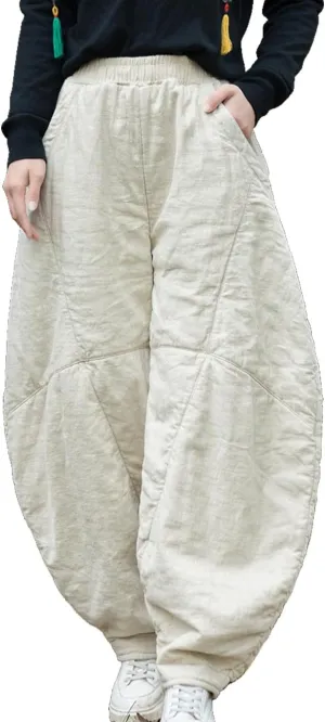 Women's Loose Fitting Casual Lantern Harem Pants Elastic Waist Quilted Winter Warm Trousers with Pockets