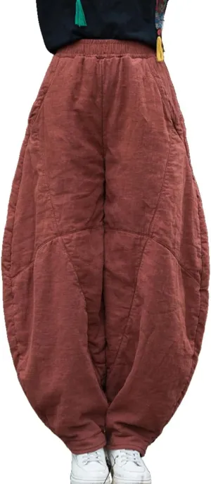 Women's Loose Fitting Casual Lantern Harem Pants Elastic Waist Quilted Winter Warm Trousers with Pockets