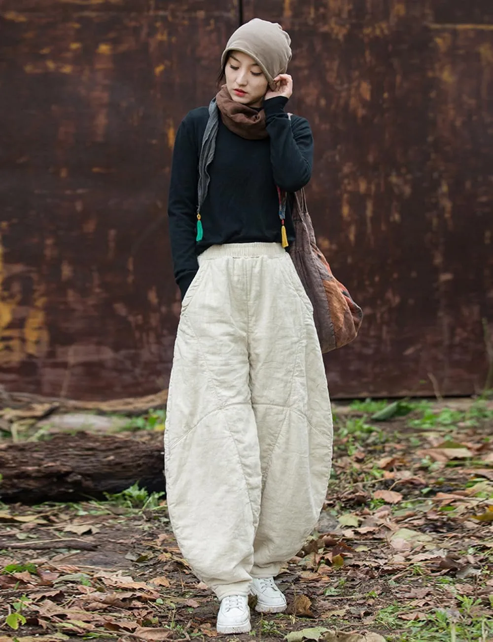 Women's Loose Fitting Casual Lantern Harem Pants Elastic Waist Quilted Winter Warm Trousers with Pockets