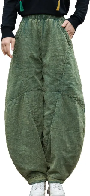 Women's Loose Fitting Casual Lantern Harem Pants Elastic Waist Quilted Winter Warm Trousers with Pockets