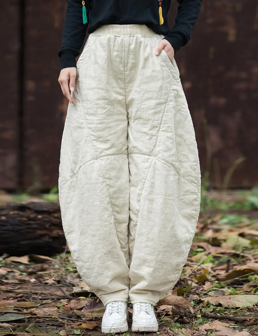 Women's Loose Fitting Casual Lantern Harem Pants Elastic Waist Quilted Winter Warm Trousers with Pockets