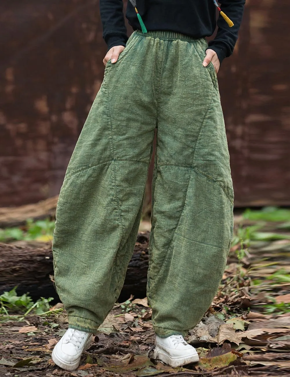 Women's Loose Fitting Casual Lantern Harem Pants Elastic Waist Quilted Winter Warm Trousers with Pockets