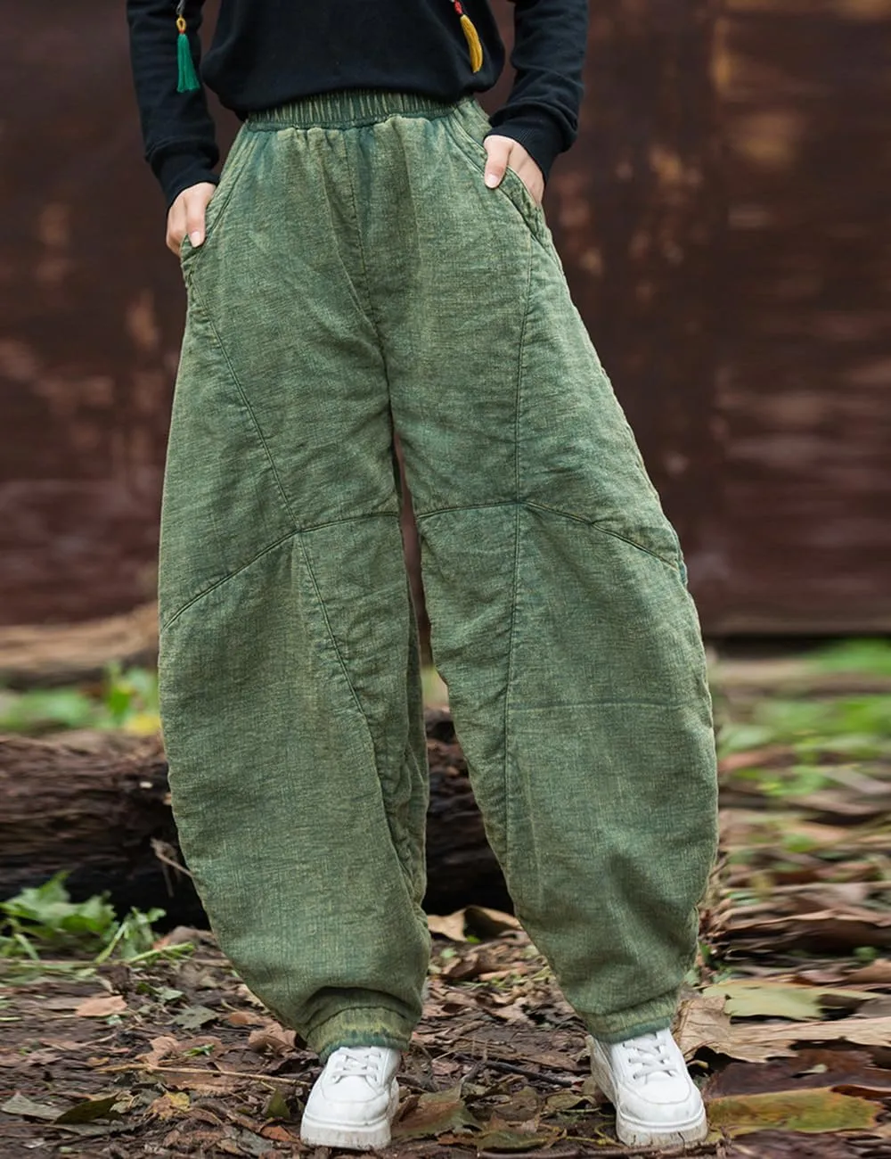 Women's Loose Fitting Casual Lantern Harem Pants Elastic Waist Quilted Winter Warm Trousers with Pockets