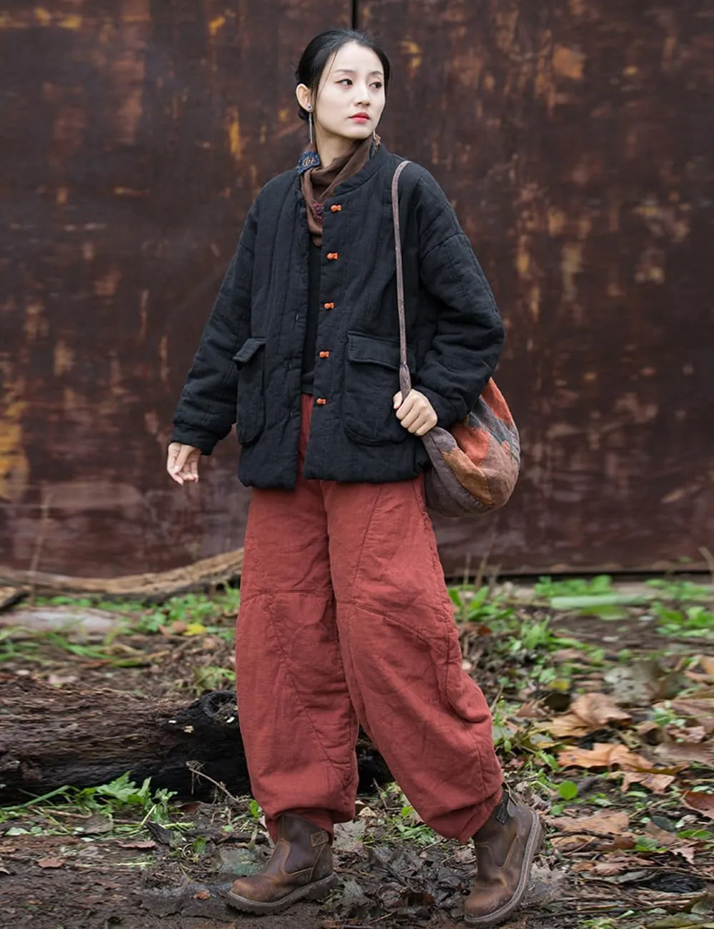 Women's Loose Fitting Casual Lantern Harem Pants Elastic Waist Quilted Winter Warm Trousers with Pockets