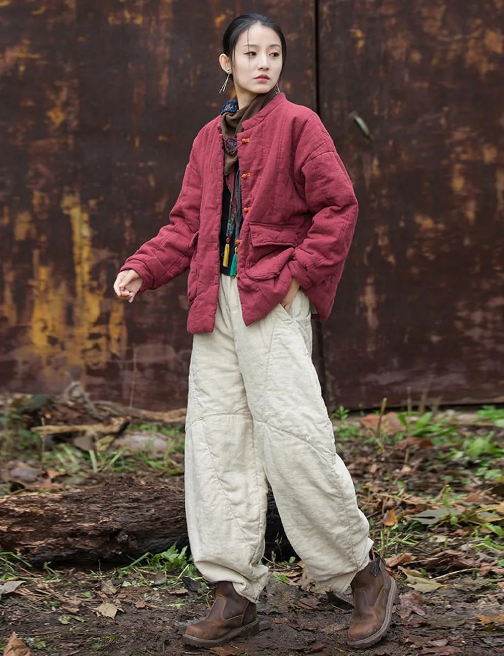 Women's Loose Fitting Casual Lantern Harem Pants Elastic Waist Quilted Winter Warm Trousers with Pockets
