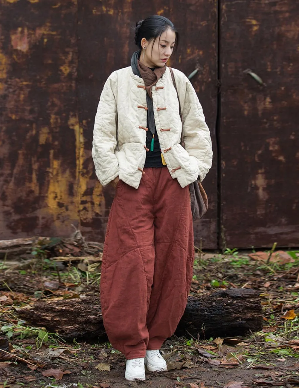 Women's Loose Fitting Casual Lantern Harem Pants Elastic Waist Quilted Winter Warm Trousers with Pockets
