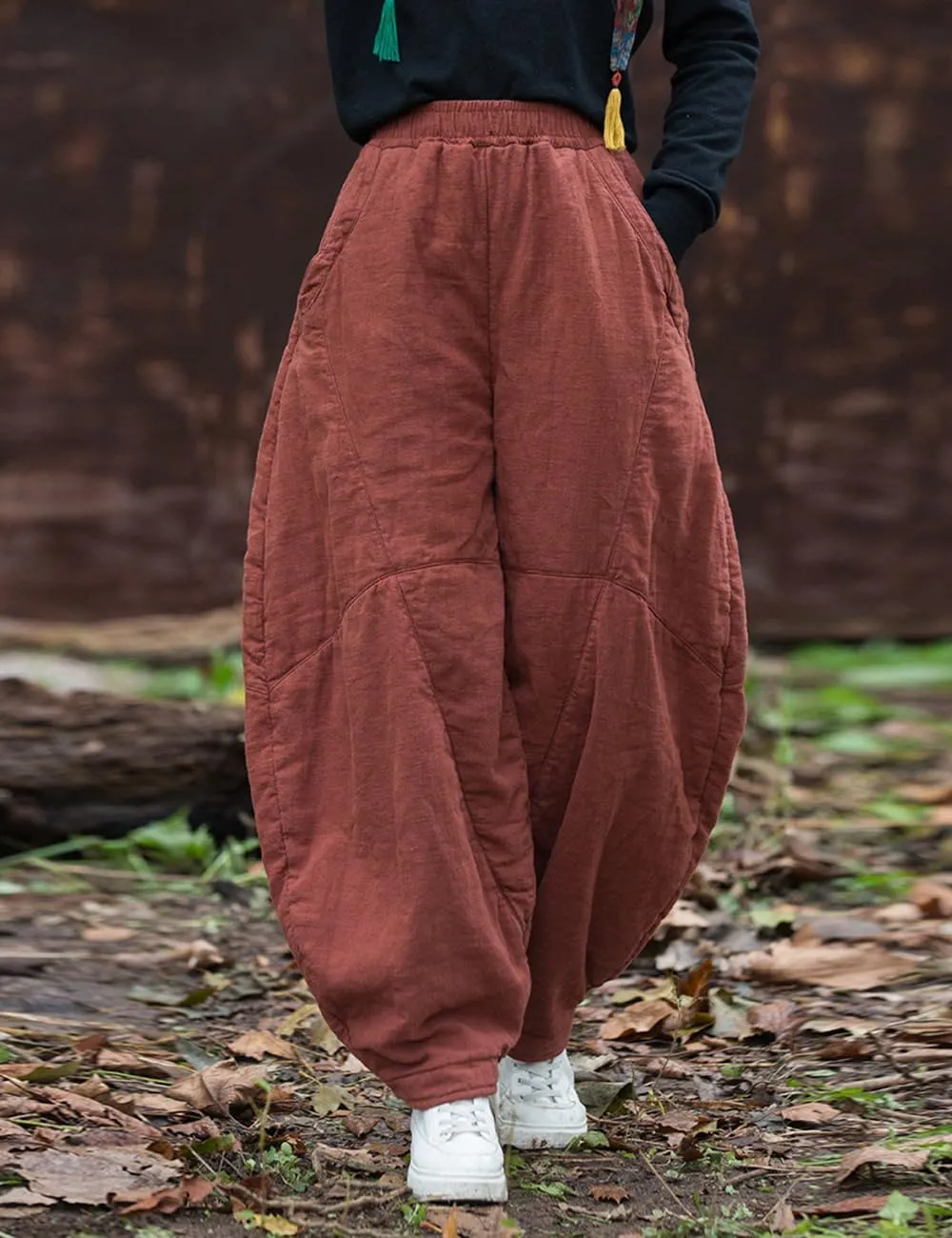 Women's Loose Fitting Casual Lantern Harem Pants Elastic Waist Quilted Winter Warm Trousers with Pockets