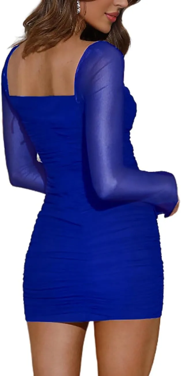 Womens Mesh Long Sleeve Dress Square Neck Ruched Bodycon Party Cocktail Mini Dress
