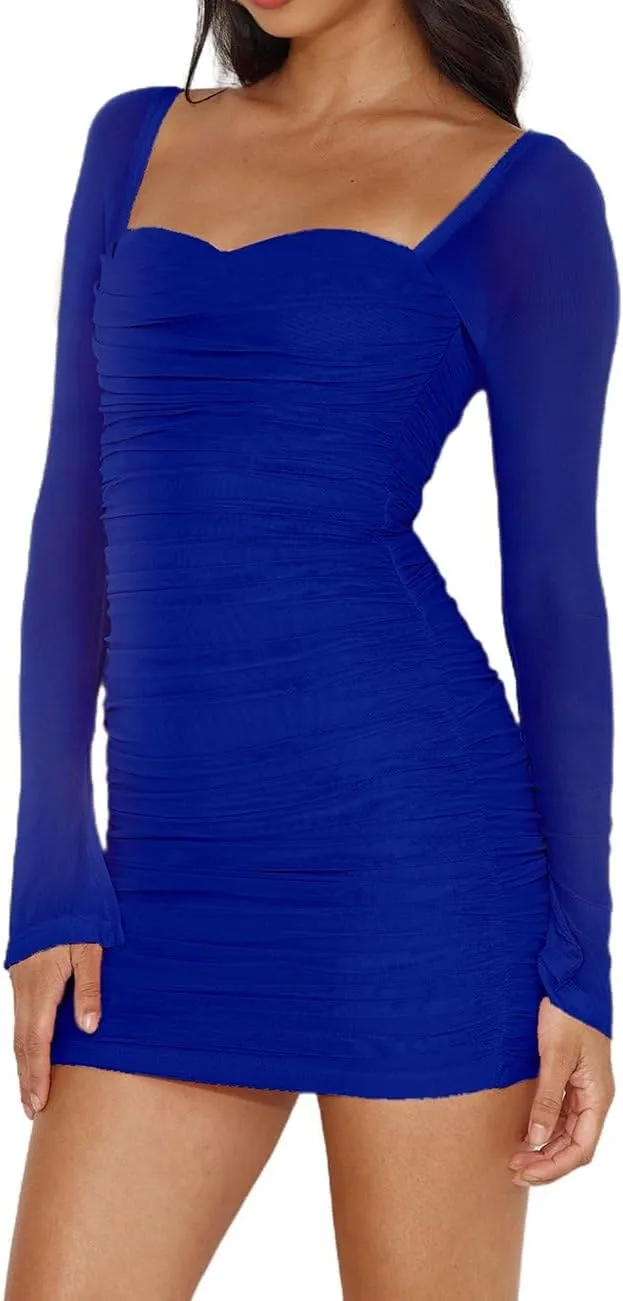 Womens Mesh Long Sleeve Dress Square Neck Ruched Bodycon Party Cocktail Mini Dress