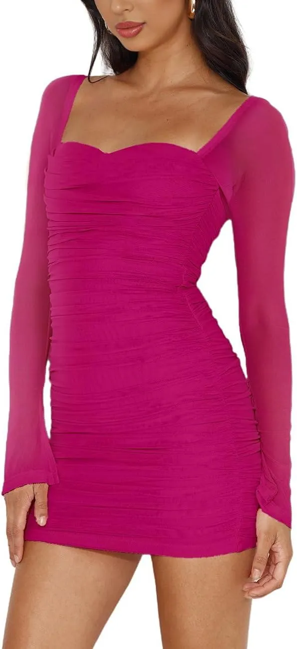 Womens Mesh Long Sleeve Dress Square Neck Ruched Bodycon Party Cocktail Mini Dress