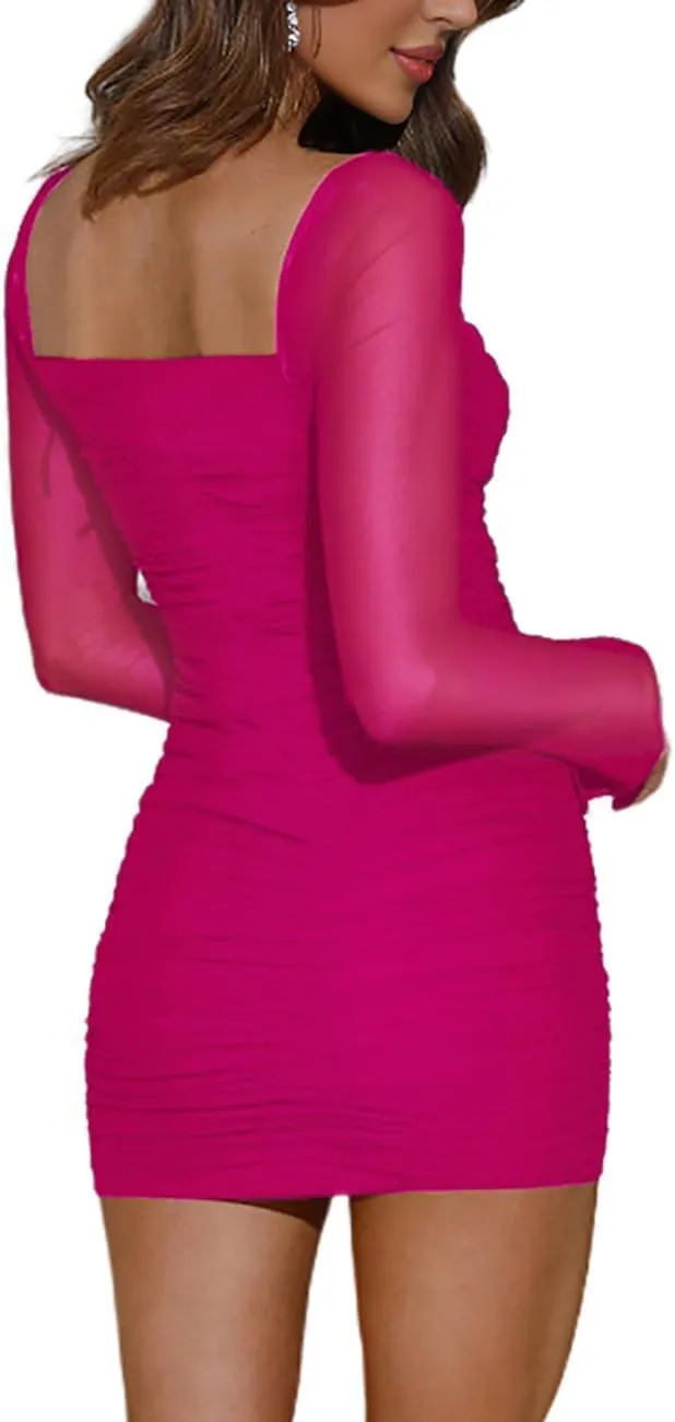 Womens Mesh Long Sleeve Dress Square Neck Ruched Bodycon Party Cocktail Mini Dress