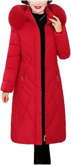 Women's Mid-Length Cotton-Padded Winter Coat with Hood and Pockets