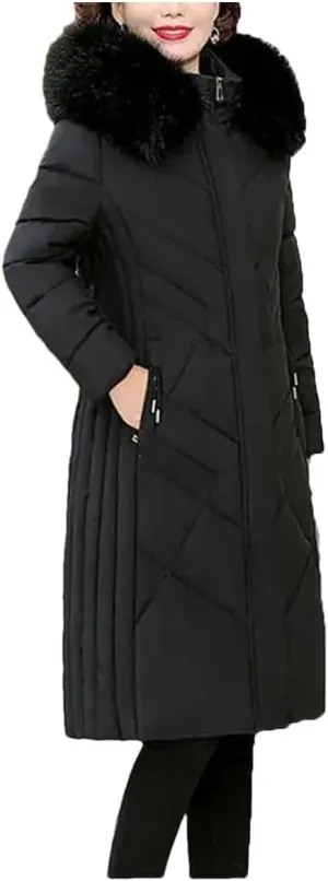 Women's Mid-Length Cotton-Padded Winter Coat with Hood and Pockets
