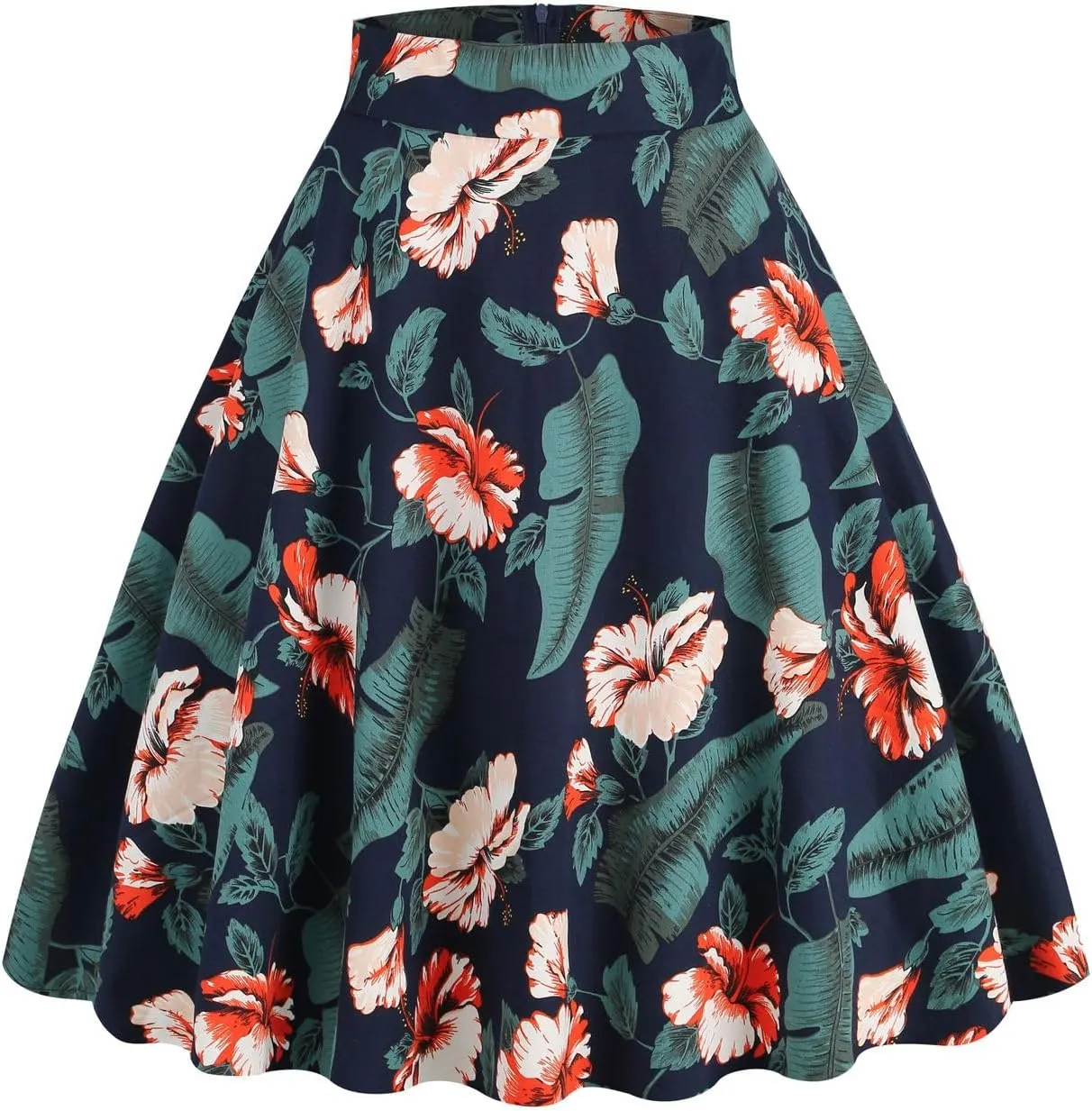 Women's Midi Skirt Vintage Floral Printed High Waist Peasant Summer Pleated Fashion Basic Cotton Casual Fall