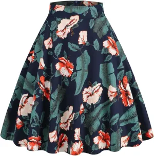 Women's Midi Skirt Vintage Floral Printed High Waist Peasant Summer Pleated Fashion Basic Cotton Casual Fall