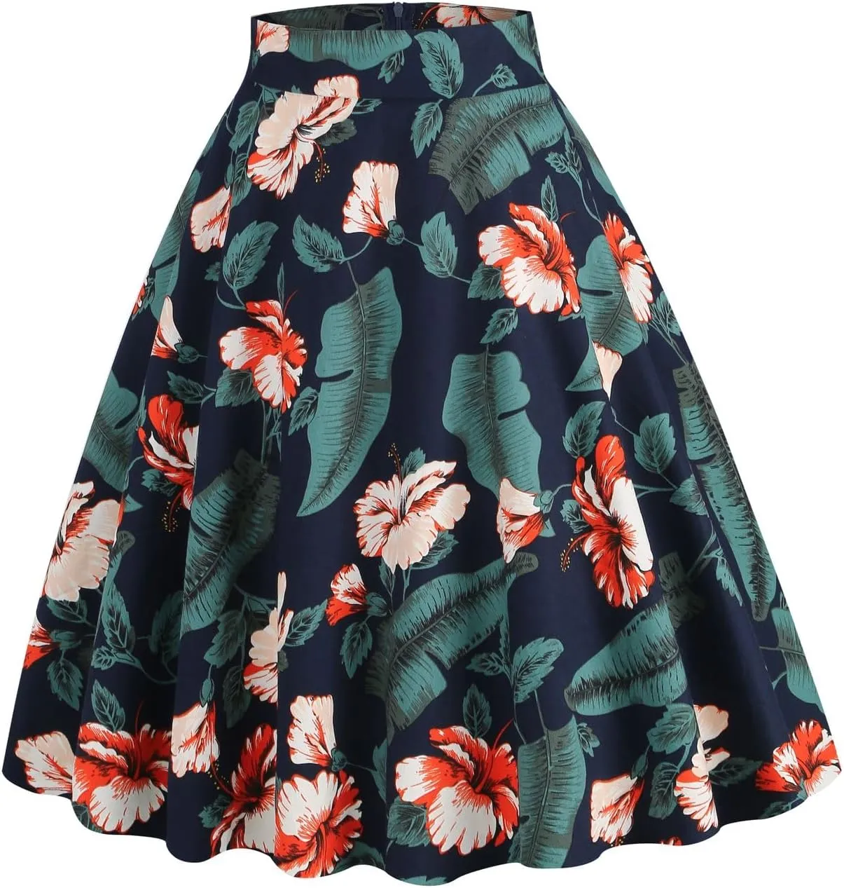 Women's Midi Skirt Vintage Floral Printed High Waist Peasant Summer Pleated Fashion Basic Cotton Casual Fall