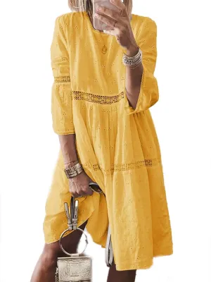 Womens Plus Size Midi Boho Solid Dress 3/4 Sleeve Crew Neck Beach Dress Flowy Swing Summer Dresses Up to 5XL