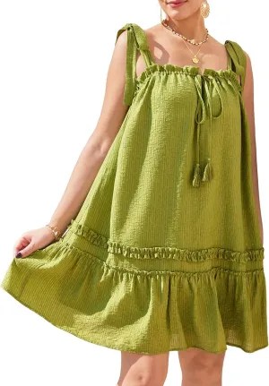 Womens Plus Size Mini Dress for Curvy Women Sleeveless Tie Shoulder Loose Ruffle Open Back Smocked Dress