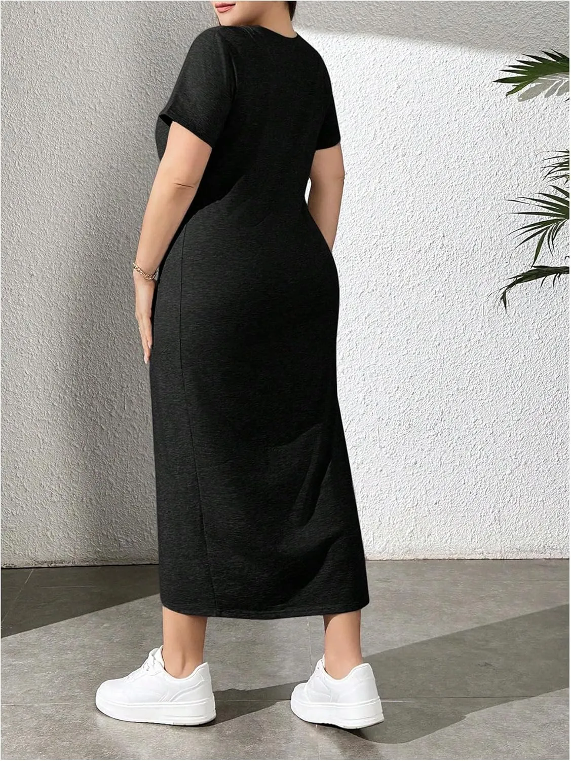 Women's Plus Size Split Thigh Dress Short Sleeve Crew Neck Fitted Causal Midi Dresses
