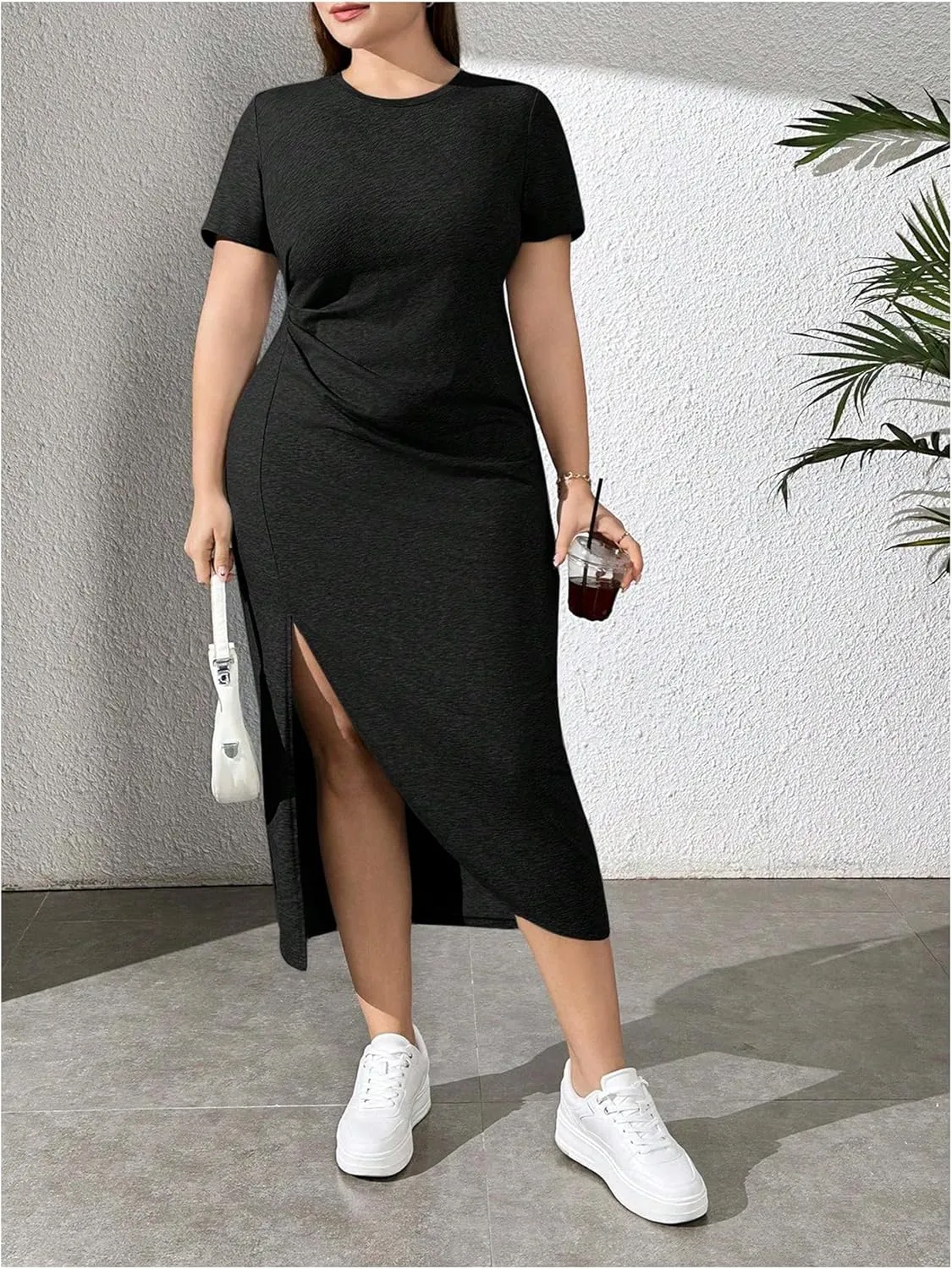 Women's Plus Size Split Thigh Dress Short Sleeve Crew Neck Fitted Causal Midi Dresses