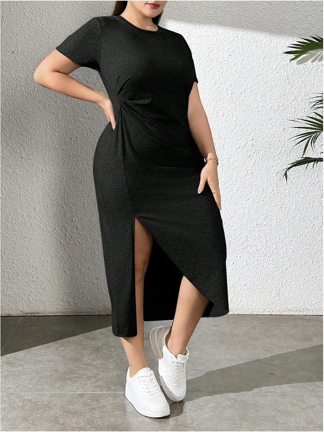 Women's Plus Size Split Thigh Dress Short Sleeve Crew Neck Fitted Causal Midi Dresses