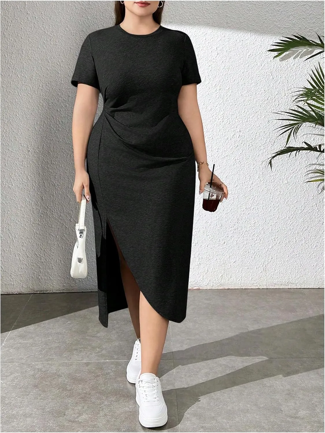 Women's Plus Size Split Thigh Dress Short Sleeve Crew Neck Fitted Causal Midi Dresses