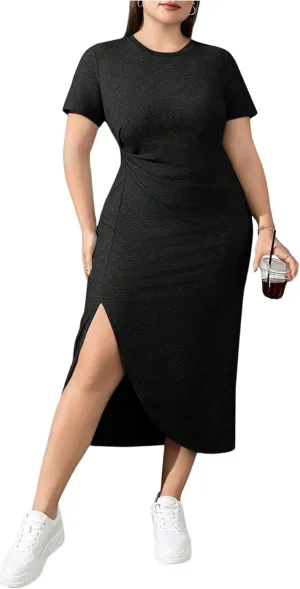 Women's Plus Size Split Thigh Dress Short Sleeve Crew Neck Fitted Causal Midi Dresses