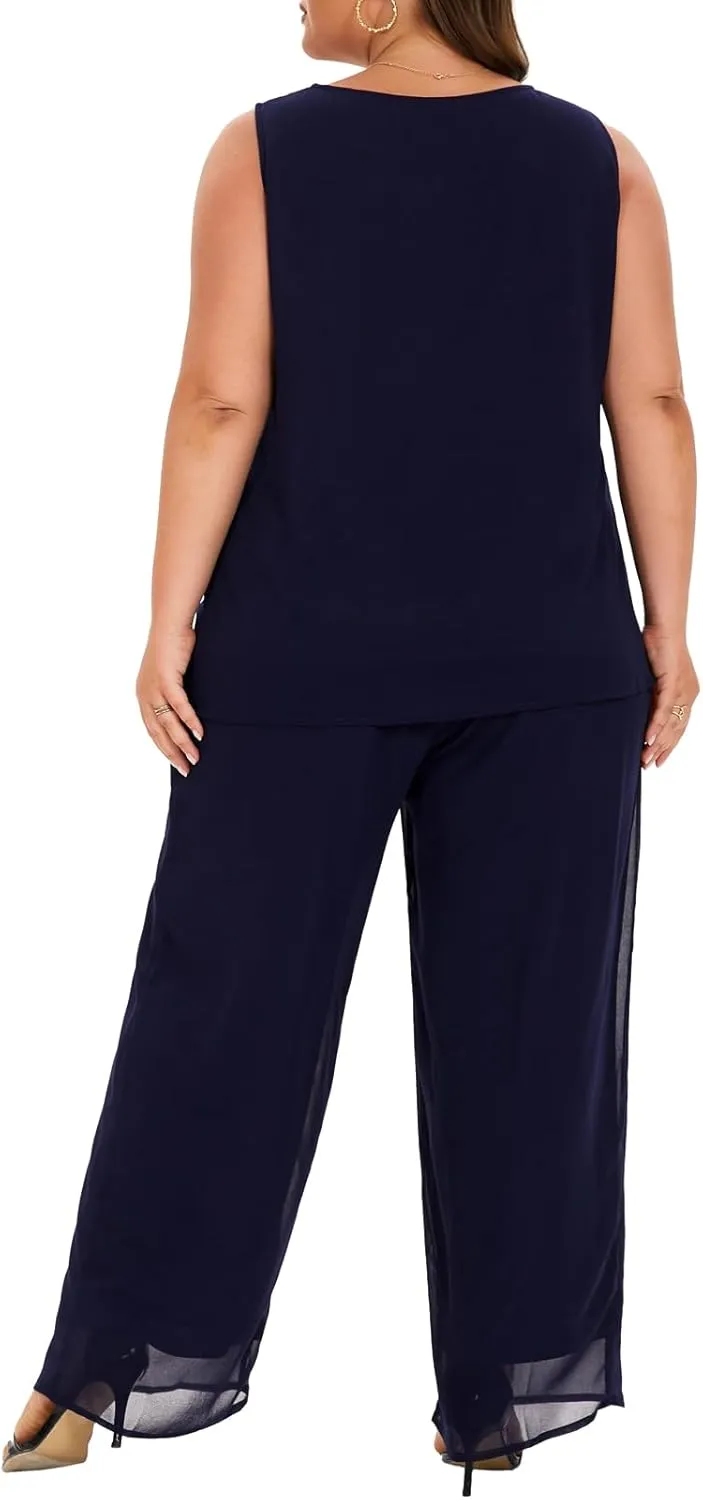 Women's Plus Size Wedding Pant Suits 3 Piece Chiffon Party Outfit for Mother of The Groom Bride Evening Gowns