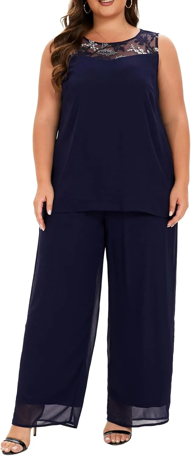 Women's Plus Size Wedding Pant Suits 3 Piece Chiffon Party Outfit for Mother of The Groom Bride Evening Gowns