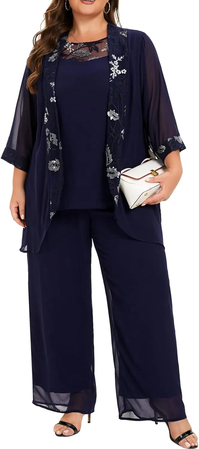 Women's Plus Size Wedding Pant Suits 3 Piece Chiffon Party Outfit for Mother of The Groom Bride Evening Gowns