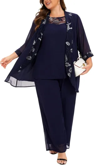 Women's Plus Size Wedding Pant Suits 3 Piece Chiffon Party Outfit for Mother of The Groom Bride Evening Gowns