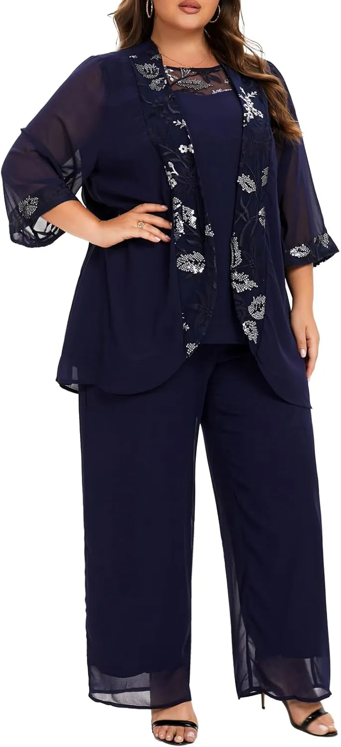 Women's Plus Size Wedding Pant Suits 3 Piece Chiffon Party Outfit for Mother of The Groom Bride Evening Gowns