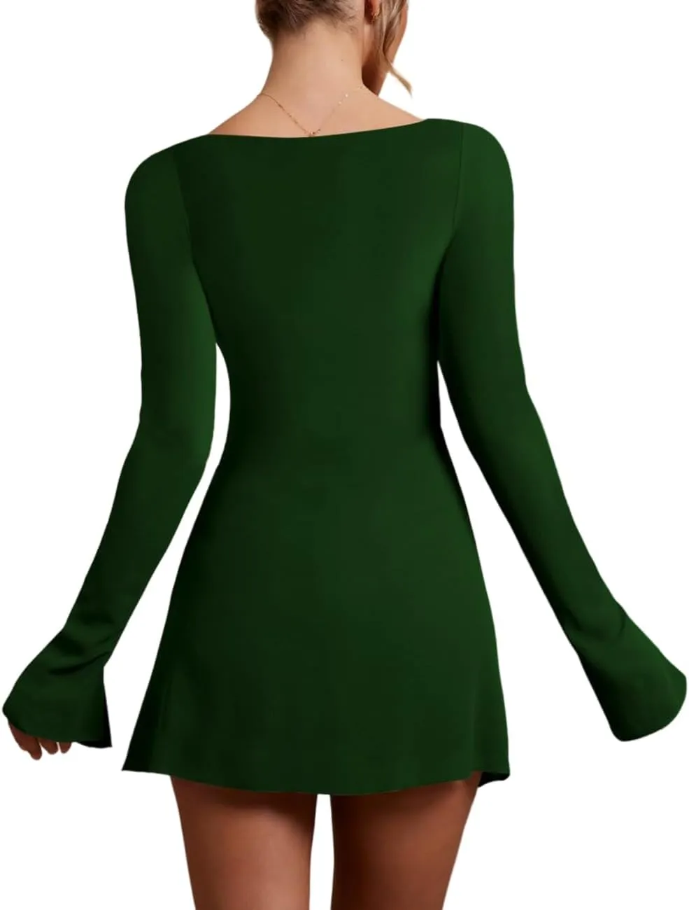 Womens Ruched Bodycon Dress Sexy Long Sleeve Square Neck Split Cocktail Party Club Mini Short Tight Dress
