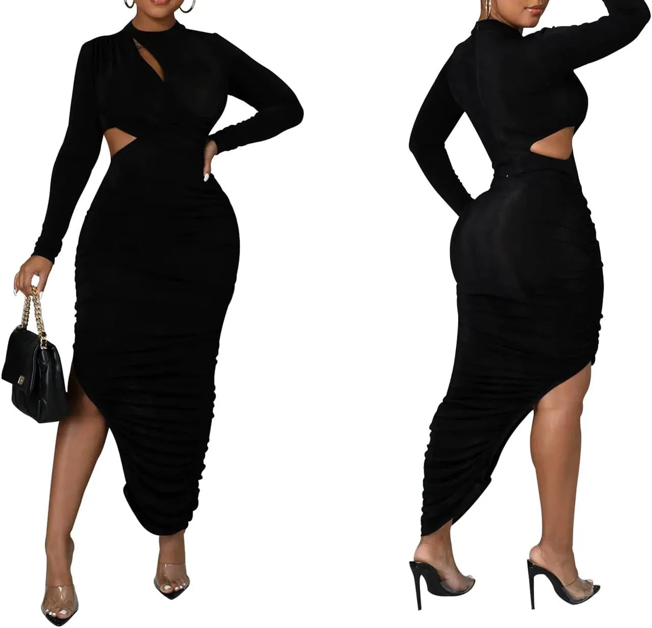 Women's Sexy Ruched Long Sleeve Bodycon Dress Cut Out Solid Color Basic Fitted Elegant Midi Dresses