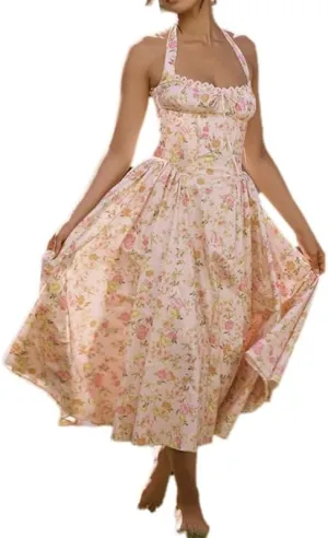 Women's Slim Fitting Camisole Long Dress, Fashionable Printed Neck Hanging Lace Dress