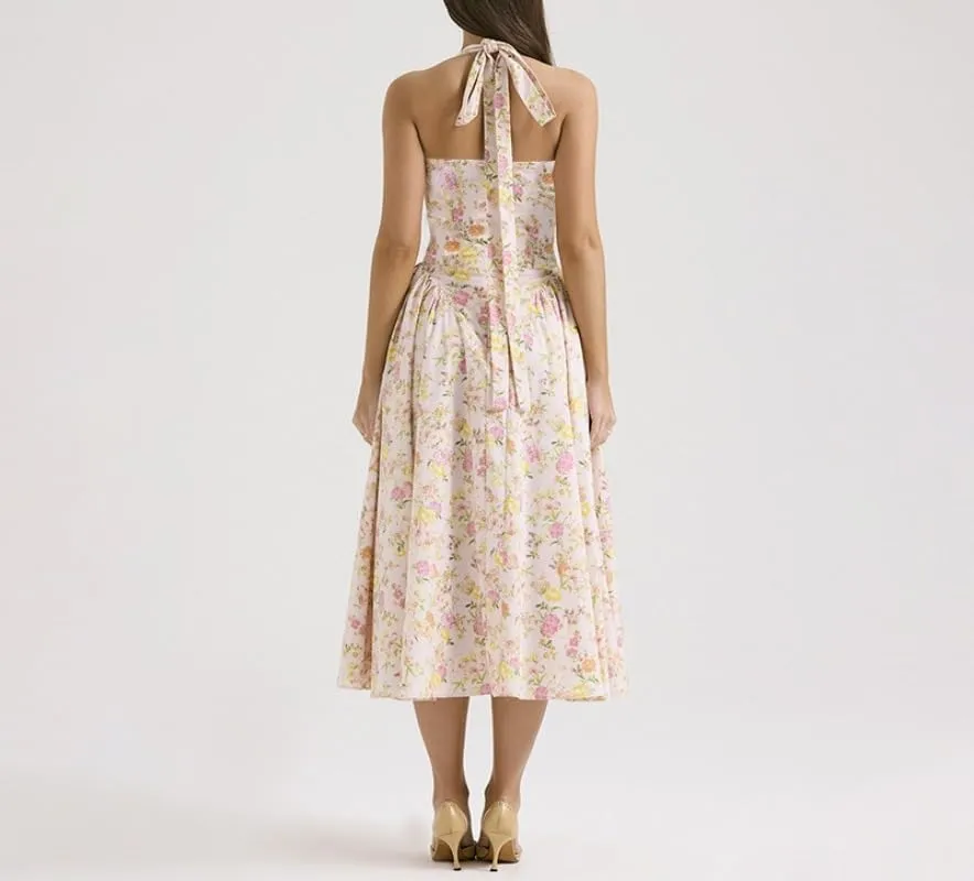 Women's Slim Fitting Camisole Long Dress, Fashionable Printed Neck Hanging Lace Dress