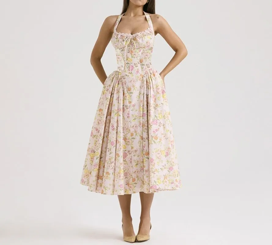 Women's Slim Fitting Camisole Long Dress, Fashionable Printed Neck Hanging Lace Dress