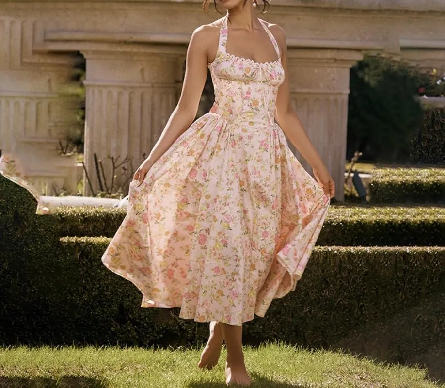 Women's Slim Fitting Camisole Long Dress, Fashionable Printed Neck Hanging Lace Dress
